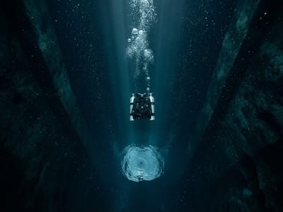 A scuba diver equipped with twin oxygen cylinders descends between dark vertical walls toward a circular opening below, releasing rising bubbles.