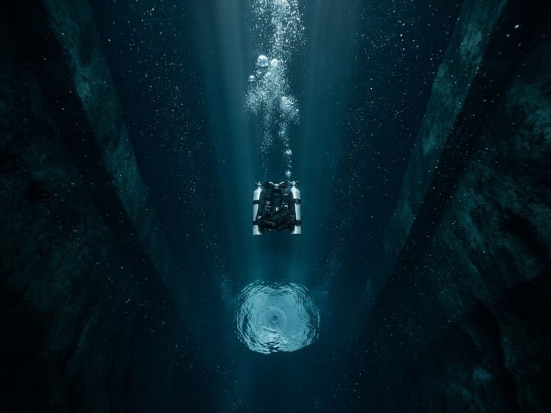 A scuba diver equipped with twin oxygen cylinders descends between dark vertical walls toward a circular opening below, releasing rising bubbles.