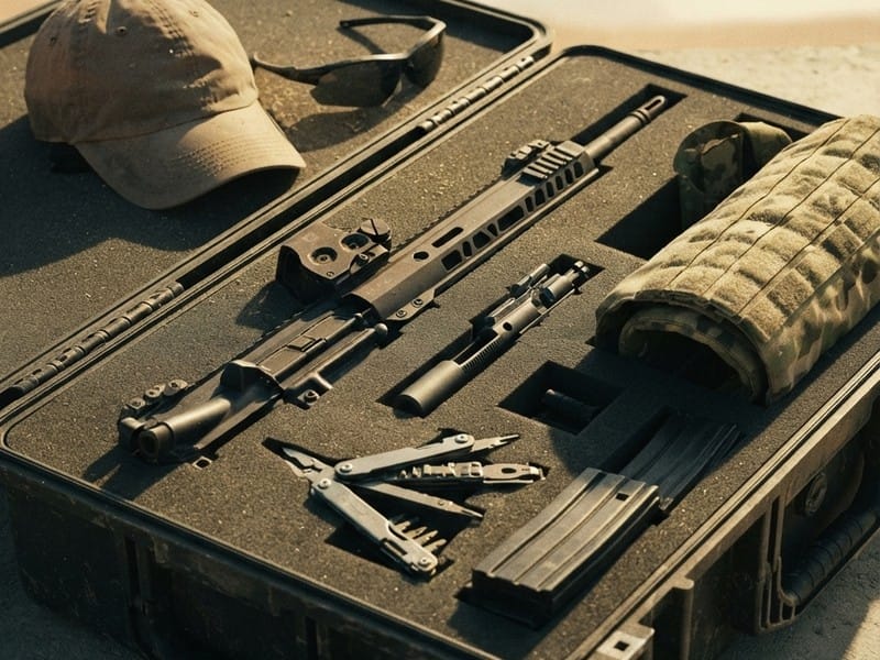 An open black tactical case containing disassembled rifle components, a magazine, a multitool, and a camouflage pouch, with a baseball cap and sunglasses set on the lid.